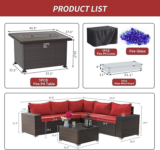 Kullavik 7 Pieces Outdoor Patio Furniture Set with 43" 55000BTU Gas Propane Fire Pit Table PE Wicker Rattan Sectional Sofa Patio Conversation Sets,Dark Red