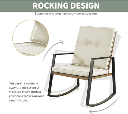 3 Pieces Rocking Bistro Set Outdoor Wicker Patio Furniture Conversation Coffee Table,Washable Cushion for Porch,balcony,Garden,Backyard,Poolside(Beige)