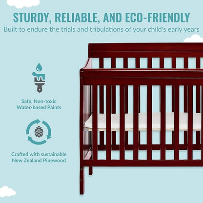 Aden 4-in-1 Convertible Mini Crib In Cherry, Greenguard Gold Certified, Non-Toxic Finish, New Zealand Pinewood, With 3 Mattress Height Settings