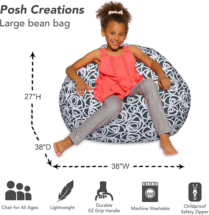 Posh Creations Bean Bag Chair for Kids, Teens, and Adults Includes Removable and Machine Washable Cover, 38in - Large, Canvas Roses Gray