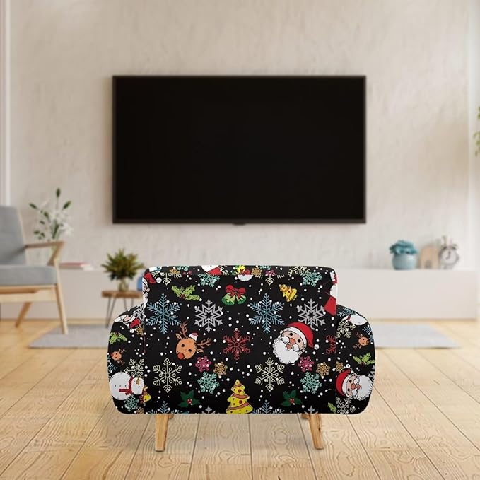 FKELYI Christmas Sofa Slipcover Santa Claus Furniture Protector Washable Easy Going Stretch Sofa Slipcover with Elastic Bottom M