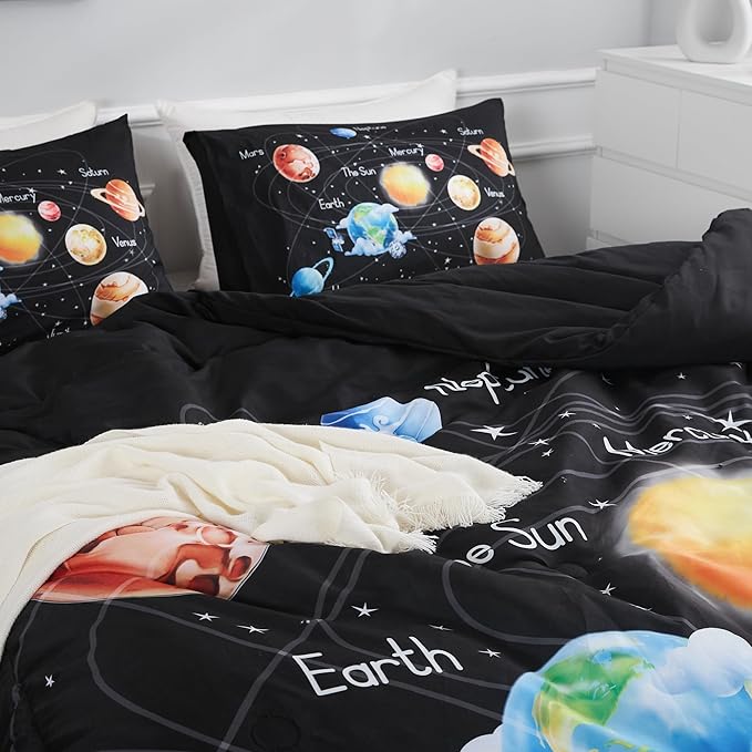 Outer Space Bedding Set King Solar System Comforter Set 3 Pieces 1 Space Comforter Twin and 2 Pillow Cases for Boys Girls Kids Ultra-Soft Microfiber All Seasons for Bedroom Sofa