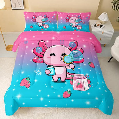Kawaii Axolotl Comforter,Pink Salamander Comforter Set for Kids Teens Girls,3Pcs Bedding Set Printed Comforter with 2 Pillowcases,Down Alternative,Soft and Lightweight(Pink，Twin Size)
