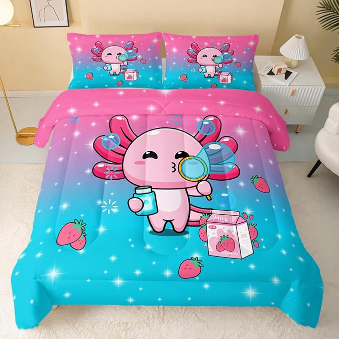 Kawaii Axolotl Comforter,Pink Salamander Comforter Set for Kids Teens Girls,3Pcs Bedding Set Printed Comforter with 2 Pillowcases,Down Alternative,Soft and Lightweight(Pink，Queen Size)