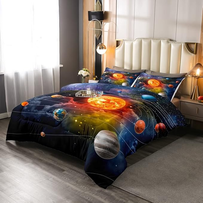 Erosebridal Solar System Bedding Set Full Galaxy Space Comforter Set for Kids Boys Toddler Outer Space Room Decor Nebula Planets Orbit Comforter Celestial Universe Stars Quilt Duvet 2 Pillowcases