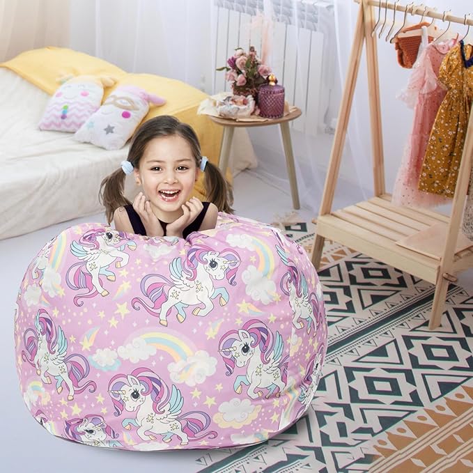 Stuffed Animal Storage Bean Bag Chair Cover, Hold Kids Plush Toys Blankets Towels Beanbag (Cover Only), Canvas Floor Circle Stuff Sit Seat Sofa with YKK Zipper, Extra Large 38", Unicorn