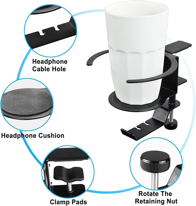Desk Cup Holder, 2-in-1 Adjustable & 360° Rotating Office Gaming Desk Accessories for Under Desk Headphone Stand Hanging Headset, Holding Coffee Mug, Drinks, Water Bottle – Black