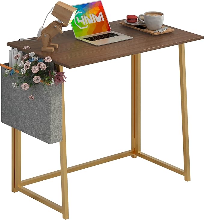 4NM 31.5" Small Desk with Storage Bag, Simple Assembly Folding Computer Desk Home Office Desk Study Writing Table for Small Space Offices - Brown and Golden