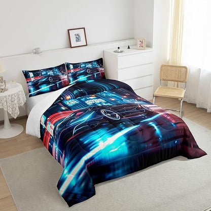 Feelyou City Racing Car Bedding Set Full Size for Kids Boys Extreme Sport Games Comforter Set Teens Toddler Fast and Furious Duvet Set Cool Modern Quilt Set 3Pcs