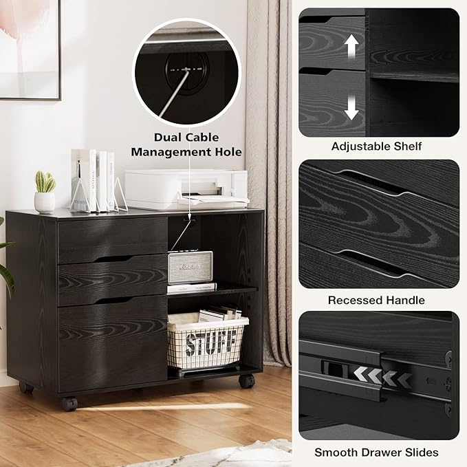 Sweetcrispy 3 Drawer File Cabinet Organizer Lateral Printer Stand Rolling Desk with Adjustable Storage Shelves for Office Home Small Space, Black Wood