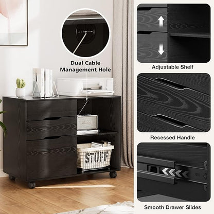 Sweetcrispy 3 Drawer File Cabinet Organizer Lateral Printer Stand Rolling Desk with Adjustable Storage Shelves for Office Home Small Space, Black Wood