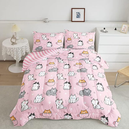Datura home Pink Kawaii Cat Comforter Bedding Set for Girls Lovely Kitten Print Cute Animal Pattern with 1 & 2 Pillowcases Bedroom All Season(Cat Queen), Queen 90x90inches