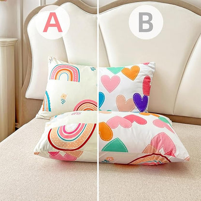 Btargot Lightweight Soft 3 Piece Rainbow Comforter Set with 2 Pillow Covers, Cartoon Love Hearts Flowers and Grass Bedding Set for Girls Boys Kids, Queen Multi-Color