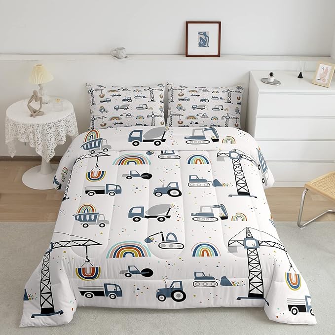 Toddler Cute Cars Bedding Set Cartoon Excavator Kids Comforter Set Boys Construction Vehicles Comforter Equipment Trucks Duvet Set Rainbow Room Decor Tractor Quilt Set Twin Size With 1 Pillow Case
