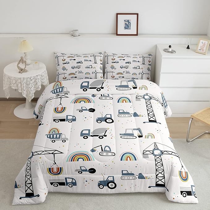 Toddler Cute Cars Bedding Set Cartoon Excavator Kids Comforter Set Boys Construction Vehicles Comforter Equipment Trucks Duvet Set Rainbow Room Decor Tractor Quilt Set Queen Size With 2 Pillow Case