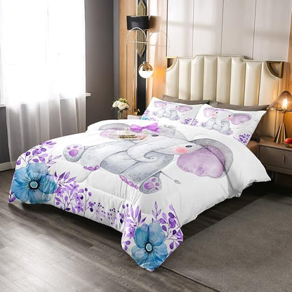 Kids Elephant Bedding Set Cute Animal Comforter Set Full For Girls Boys Kawaii Room Decor, Flower Branches Duvet Sets Cartoon Elephant With Floral Down Comforter With 2 Pillow Cases, Purple Blue