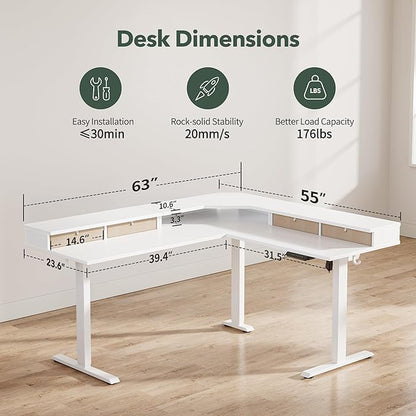 FEZIBO 63" L Shaped Standing Desk with 4 Drawers, Electric Standing Gaming Desk Adjustable Height, Corner Stand up Desk with Splice Board, White Frame/White Top