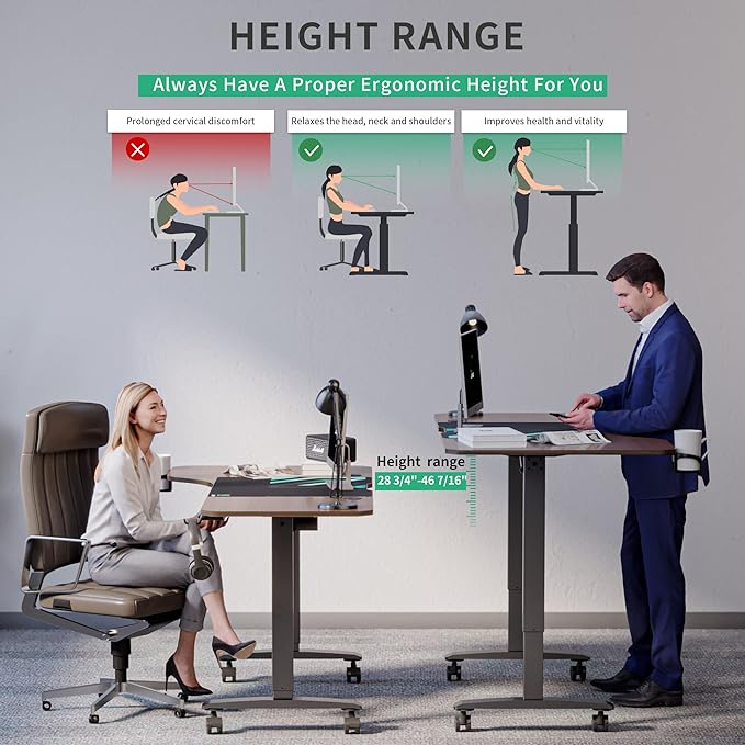 Standing Desk, L Shaped Adjustable Standing Desk, 63'' Corner Height Adjustable desk with Cup Holder, Headphone Hook, Cable Manager, and Mouse pad, Brown Panel