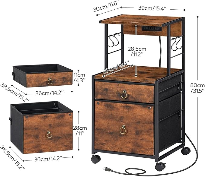 HOOBRO 2-Drawer File Cabinet, Filing Cabinet with Charging Station, Vertical Office Cabinet with Open Storage Shelf, Printer Stand, A4/Letter Size, Nonwovens Drawer, Rustic Brown BF23UWJ01