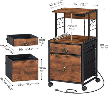 HOOBRO 2-Drawer File Cabinet, Filing Cabinet with Charging Station, Vertical Office Cabinet with Open Storage Shelf, Printer Stand, A4/Letter Size, Nonwovens Drawer, Rustic Brown BF23UWJ01