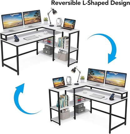 Reversible L Shaped Computer Desk with Storage Shelf, Industrial Corner Desk with Monitor Stand for Home Office