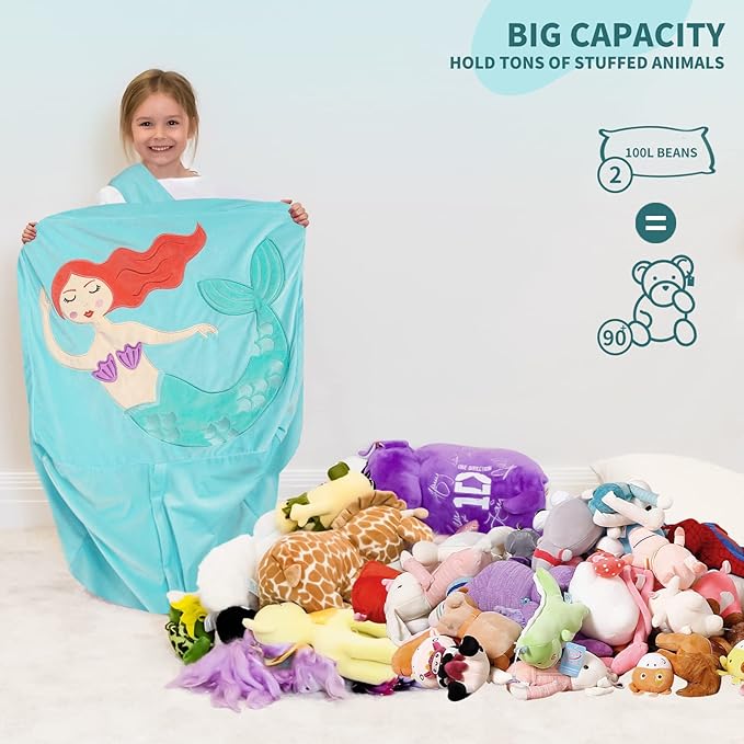 Aubliss Unicorn Stuffed Animal Storage Bean Bag Chair for Kids, Velvet Extra Soft Beanbag Chairs Cover, X-Large Stuffable Zipper Bean Bag for Organizing Plush Toys Girls Bedroom Decor,Cyan
