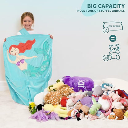 Aubliss Unicorn Stuffed Animal Storage Bean Bag Chair for Kids, Velvet Extra Soft Beanbag Chairs Cover, X-Large Stuffable Zipper Bean Bag for Organizing Plush Toys Girls Bedroom Decor,Cyan