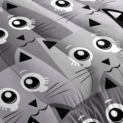 Cat Comforter Set Twin Size - 2Pcs Grey Cat Bedding Set for Boys Girls Teens Cute Animals Themed Bedding Set Warm Ultra Soft Cartoon Cat Quilt Cover with 1 Pillowcase for Kids Room Decor