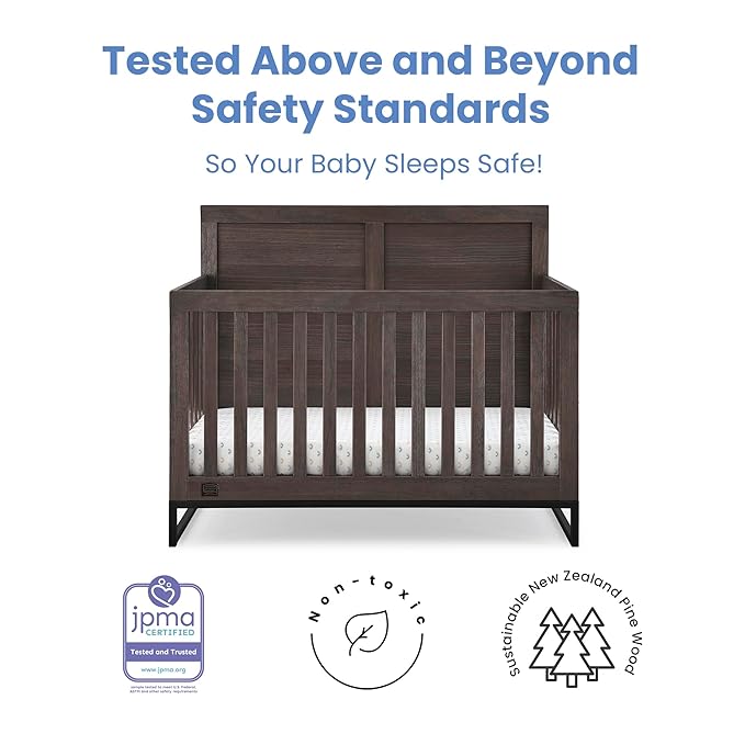 Simmons Kids Foundry 6-in-1 Convertible Baby Crib, Rustic Grey with Matte Black + Quiet Nights Breathable Crib Mattress with Removable/Machine Washable Cover (Bundle)
