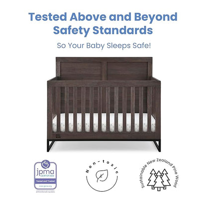 Simmons Kids Foundry 6-in-1 Convertible Baby Crib, Rustic Grey with Matte Black + Quiet Nights Breathable Crib Mattress with Removable/Machine Washable Cover (Bundle)