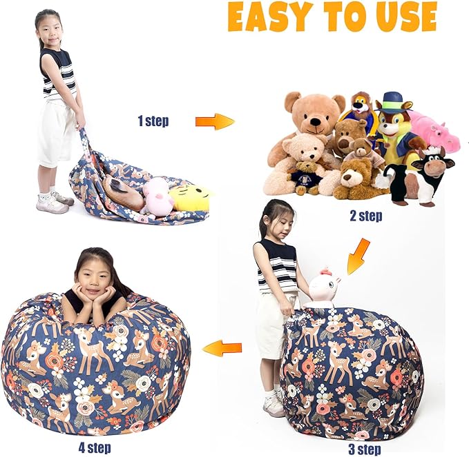 Stuffed Animal Storage Bean Bag Chair Cover, Hold Kids Plush Toys Blankets Towels Beanbag (Cover Only), Canvas Floor Circle Stuff Sit Seat Sofa with YKK Zipper, Large 32", Fawn