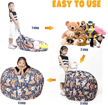 Stuffed Animal Storage Bean Bag Chair Cover, Hold Kids Plush Toys Blankets Towels Beanbag (Cover Only), Canvas Floor Circle Stuff Sit Seat Sofa with YKK Zipper, Large 32", Fawn
