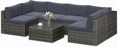 SUNVIVI OUTDOOR 7 Piece Patio Furniture Sets All Weather Gery PE Wicker Couch Sofa with Glass Table, Removable Dark Grey Cushions