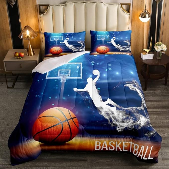 Erosebridal Boys Basketball Comforter Set King Size Basketball Player Quilted Duvet Competitive Sports Game Bedding Set for Kids Teens Man Arena Tie Dye Duvet Set, Blue Room Decorative