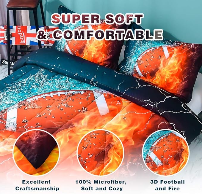Andency 3D Football Comforter Queen(90x90 Inch), 3 Pieces(1 Football Comforter, 2 Pillowcases) Sport Microfiber Comforter Set Bedding Set for Boys Kids Teens