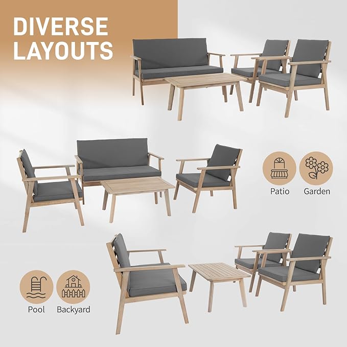 VINGLI Outdoor Patio Furniture, 4 Piece Acacia Wood Sofa Set w/Coffee Table, Patio Table and Chairs Set for Deck, Balcony, Backyard (Light Natural)