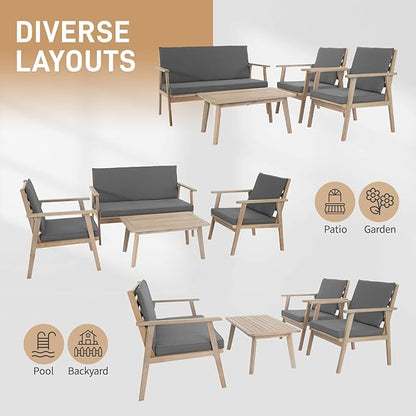 VINGLI Outdoor Patio Furniture, 4 Piece Acacia Wood Sofa Set w/Coffee Table, Patio Table and Chairs Set for Deck, Balcony, Backyard (Light Natural)