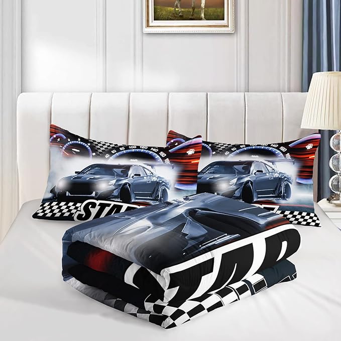 Axolotl Race Car Comforter Set Queen Size,Extreme Sports Bedding Set for Boys Teens Kids Girls Room Decor,Cool Speed Luxury Car Quilt Bed Set with 1 Comforter 2 Pillowcases Car Racing Gifts