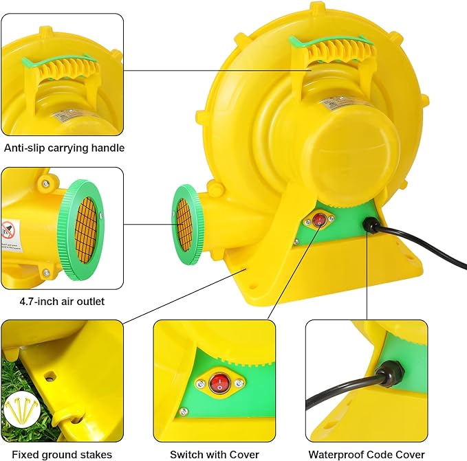 Bounce House Blower, 750W 1HP Commercial Air Blower with Double-Sided Fan Blade Design, Strong Wind and Great Heat Dissipation Properties for Medium and Large Bouncy Castle, Jump Slides, Arch