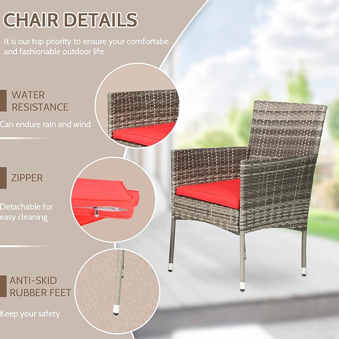 FDW 4 Pieces Outdoor Furniture Set Patio Conversation Set Wicker with Rattan Chair Loveseats Coffee Table for Outdoor Indoor Garden Backyard Porch Poolside Balcony,Gray Wicker/Red Cushions