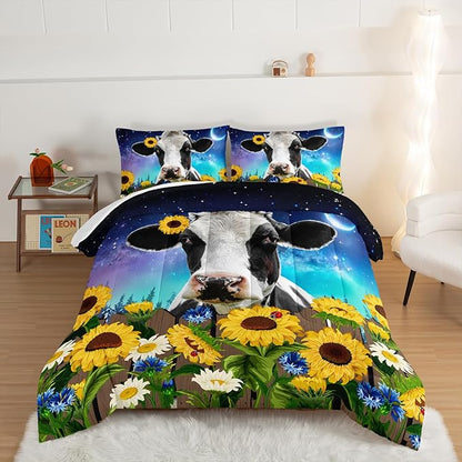 HOSIMA Cow Print Comforter Set with 2 Pillowcases,Farm Animal Theme Bedding Set Sunflower Full Size Comforter for Adults Teens Kids,Farm Starry Sky Toddler Comforter Floral Bedding Set.