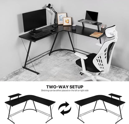MoNiBloom L Shaped Gaming Desk Computer Corner Table with Metal Frame, L Desk Workstation for Home Office, Space-Saving, Black
