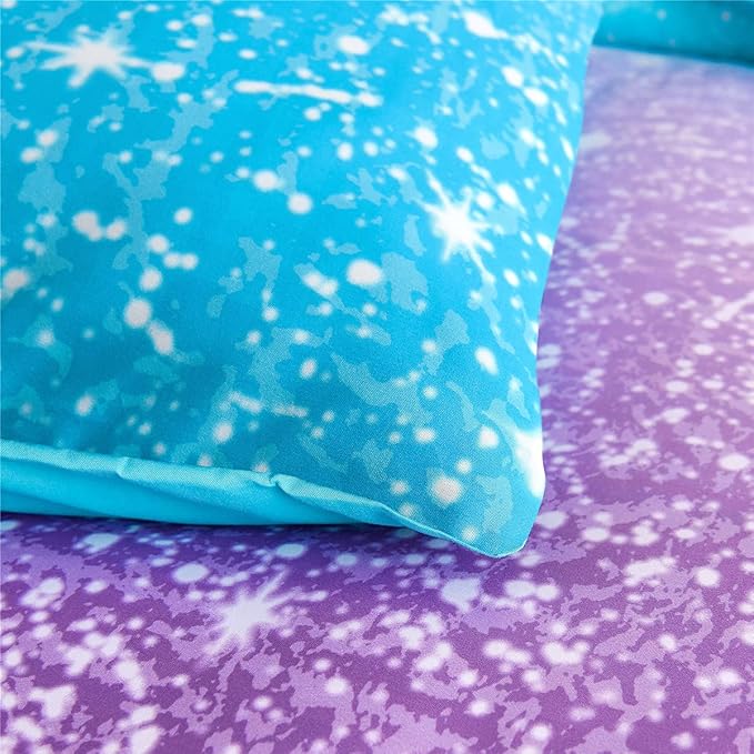 Holawakaka Kids Space Star Glitter Comforter Set Queen Size Girls Ombre Blue & Purple Print Gradient Teens Bedding Set Teens Galaxy Bed Sets (Blue Purple, Queen)