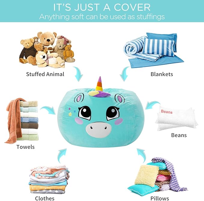Aubliss Stuffed Animal Storage, Velvet Bean Bag Chairs Cover, X-Large 38" Ultra Soft Kids Toy Storage Organizer for Toys Blankets Towels Clothes, Cyan Big Eyes