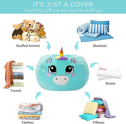 Aubliss Stuffed Animal Storage, Velvet Bean Bag Chairs Cover, X-Large 38" Ultra Soft Kids Toy Storage Organizer for Toys Blankets Towels Clothes, Cyan Big Eyes