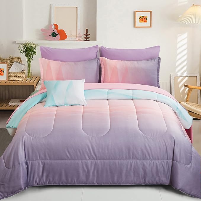 Girls Comforter Set Queen Size Colorful Ombre Blue Pink Purple Rainbow Bedding Set 7 Pieces Bed in A Bag for Kids Teen Girls Women with Comforter, Flat Sheet, Fitted Sheet