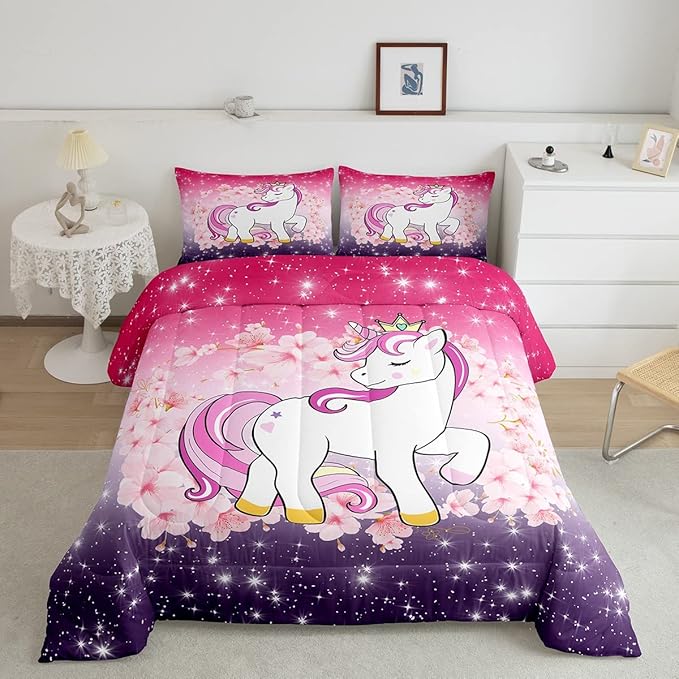 Unicorn Comforter Set Full Glitter Bedding Set Cherry Blossoms Duvet Insert Kids Cartoon Kawaii Animal Down Comforter Ombre Galaxy Stars Fantasy Girls Room Decor Quilt Set Aesthetic Pink Purple