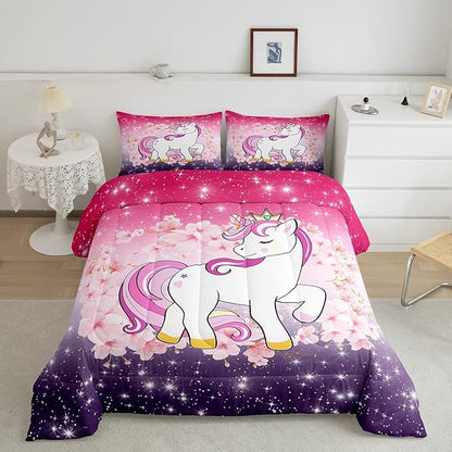Unicorn Comforter Set Full Glitter Bedding Set Cherry Blossoms Duvet Insert Kids Cartoon Kawaii Animal Down Comforter Ombre Galaxy Stars Fantasy Girls Room Decor Quilt Set Aesthetic Pink Purple