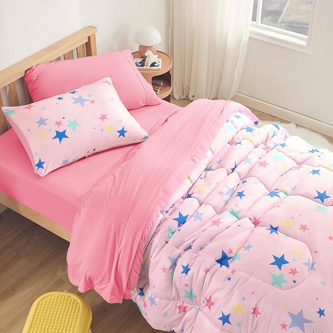 SLEEP ZONE Jersey Knit Pink Comforter Set Twin Size, Breathable & Soft Kids Bedding Set 2-Piece with Comforter, Pillowcase (Colorful Stars, Twin)