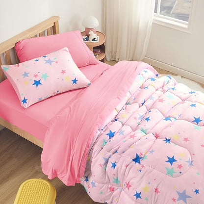 SLEEP ZONE Jersey Knit Pink Comforter Set Twin Size, Breathable & Soft Kids Bedding Set 2-Piece with Comforter, Pillowcase (Colorful Stars, Twin)